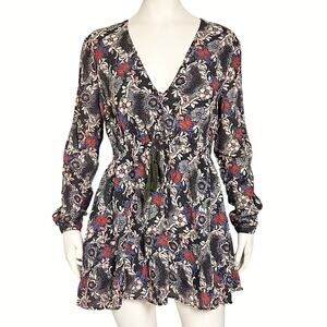 Free People Floral Boho Mini Dress Pockets Long Sleeve Rayon Modal Medium Tassel